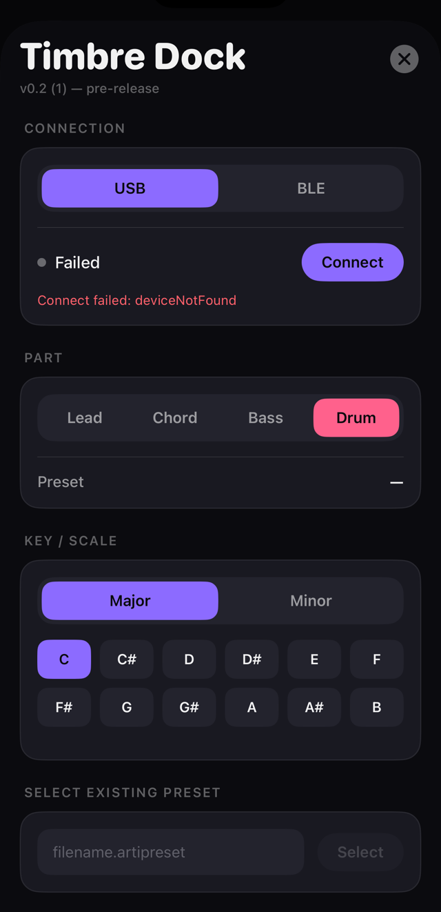 Timbre Dock control panel — USB/BLE connection, part and preset selector, Key/Scale grid