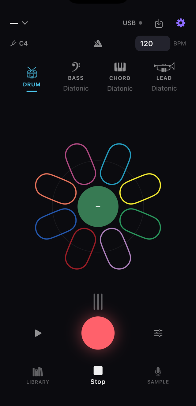 Timbre Dock home screen — the instrument wheel with Drum, Bass, Chord and Lead parts, tempo and transport controls